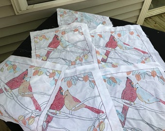 Set of 6 Vintage Unfinished White with Red Cardinals Cross Stitch Embroidery Quilt Blocks