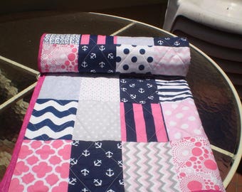 Baby Quilt, Nautical Baby quilt, baby girl quilt, patchwork crib bedding, navy, hot pink,pink, grey, anchors, waves, toddler, Nautical Lass