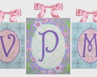Lavender Pink Aqua blue quatrefoil flower vine personalized mural Custom canvas Monogram wall art Set 3 paintings 16x20 11x14 clover