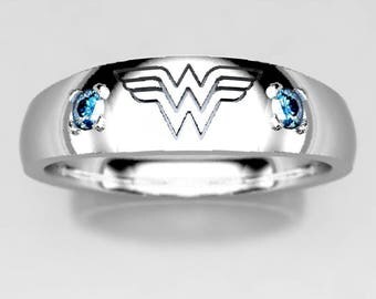 wonder woman wedding band in silver or white gold with blue diamond size 9 ring - Nerd Wedding Rings wonder woman wedding band in silver or white gold with blue diamond size 9 ring - Nerd Wedding Rings