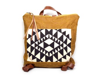 bucket backpack • waxed canvas backpack • geometric print - brown waxed canvas - black and white - gifts under 100 - backpack