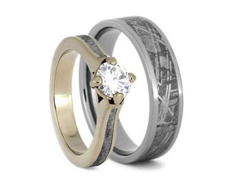 meteorite wedding ring set with white gold and titanium matching meteorite rings - Meteorite Wedding Rings meteorite wedding ring set with white gold and titanium matching meteorite rings - Meteorite Wedding Rings