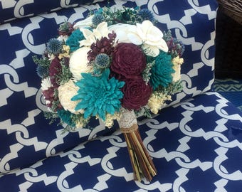 Teal, Plum, blue and ivory Wedding Bouquet - sola flowers - choose colors - bridal bouquet - Alternative bouquet - bridesmaids bouquet