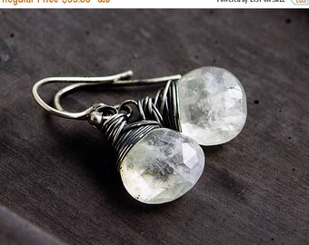 Moonstone Earrings, Moonstone Jewelry, Wire Wrapped, Drop Earrings, Dangle Earrings, Rainbow Moonstone, Sterling Silver, PoleStar