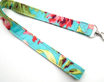 Floral Lanyard or ID Badge Holder in Pink and Blue Cotton Fabric