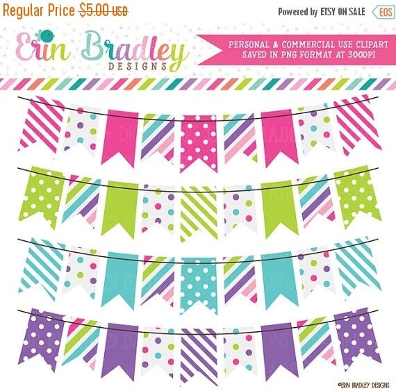80% OFF SALE Cotton Candy Colorful Bunting Banner Flag Clipart Clip Art Set Personal & Commercial Use Il_570xn
