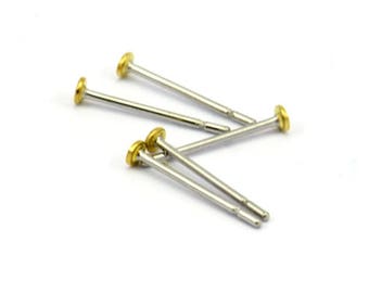 316L Earring Post Stud, 100 316L Stainless Steel Earring Posts With Raw Brass 2mm Flat Pad, Ear Studs ( A0355 )