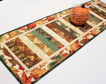 Fall Table Runner Quilt, Orange, Green, Brown Leaves with Gold Highlights, Quilted Table Runner, Autumn Quilt, Quiltsy Handmade