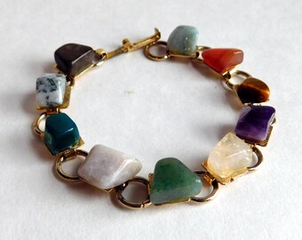 Vintage Polished Mineral Bracelet - Polished Multi-Colored Stones, Goldtone Metal - Amethyst, Jade, Tigers Eye, Quartz, Amazonite, Carnelian