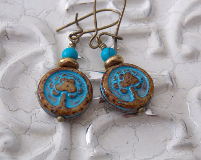 Turquoise Glass Earrings Brass Drop Dangle Rustic Woodland Coin Earrings Turquoise Boho Tree of Life Earrings Rustic Jewelry