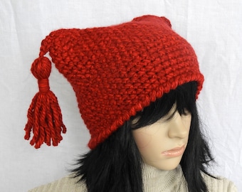 Red Crochet Hat Beanie, Womens Ruby Red Jester Style Beanie with Chunky Tassels,