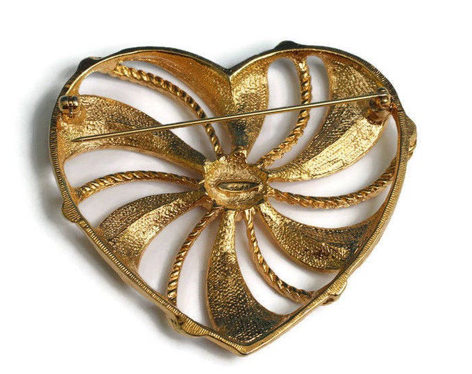 Avon Romantic Trellis Heart Brooch Rhinestone Gold Tone Vintage 1994