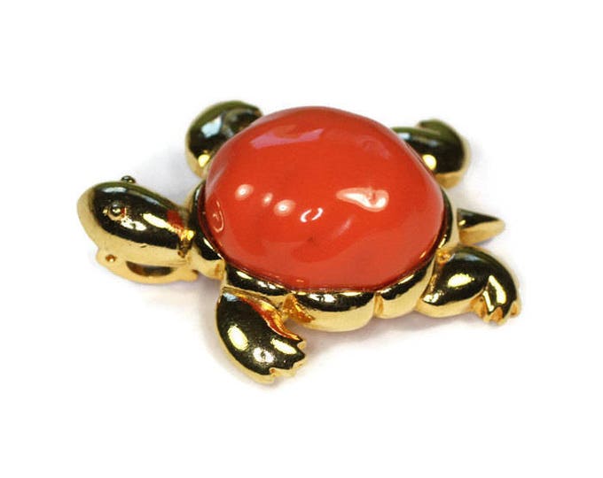 KJL Turtle Brooch Pendant Orange Lucite Gold Tone Vintage