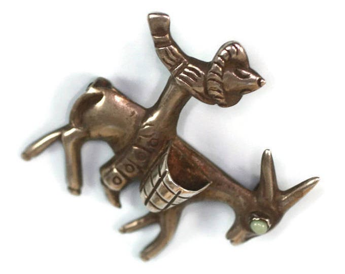 Mexican Man Peasant on Donkey Pin Brooch Serape Sombrero Green Turquoise Eye Vintage