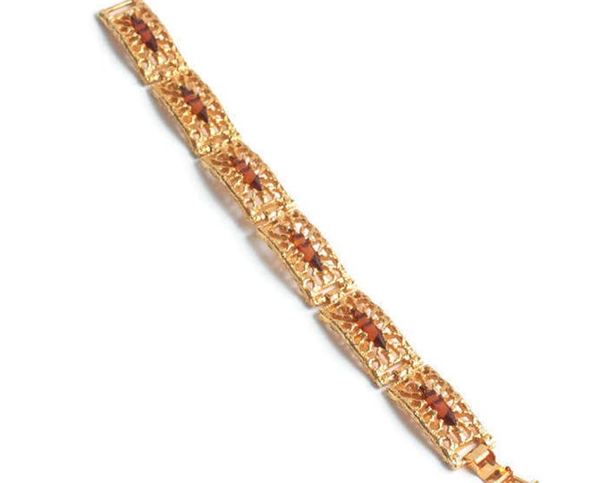 Topaz Amber Glass Navette Bracelet Gold Plated SHP Signed Vintage