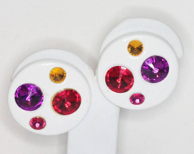 White Lucite Rhinestone Earrings Multi Color Rivoli Stones Large Round Clip Ons