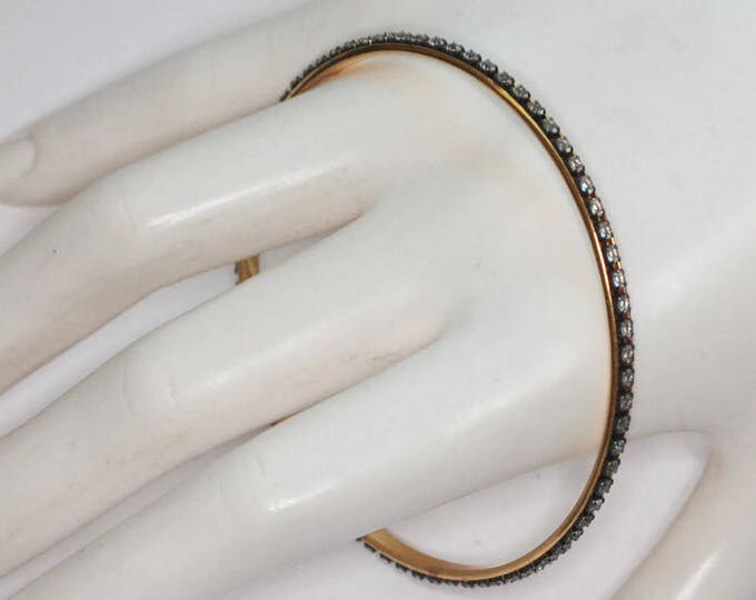 Rhinestone Bangle Bracelet Narrow Thin Gold Tone Clear Crystals Skinny Stacking Vintage