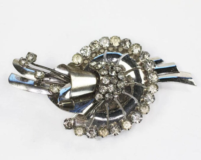 Retro Moderne Sterling Brooch Clear Rhinestones Diamante 1940s Vintage