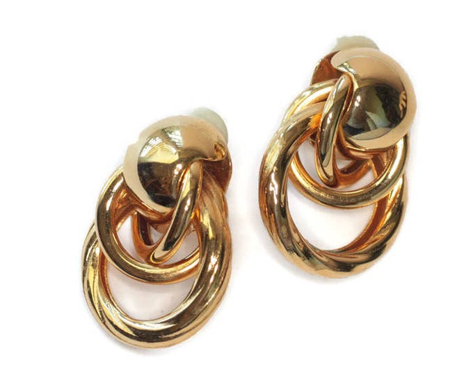 Gold Tone Chunky Earrings Dimensional Intertwined Circles Clip On Vintage