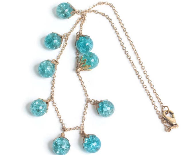 Turquoise Aqua Crackle Glass Bead Necklace Dangles Vintage