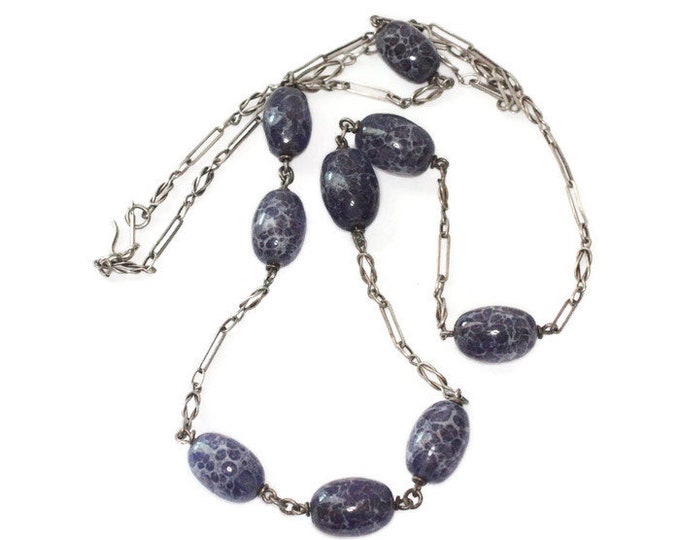 Purple Art Glass Bead Necklace Sterling Chain Oval Shaped Beads Vintage