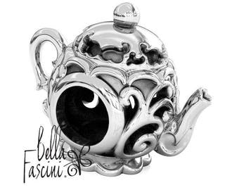 Teapot High Tea - Fancy Scroll - 925 Sterling Silver European Bead Charm - Fits Pandora and All Compatible Bracelets - BELLA FASCINI® F-51N