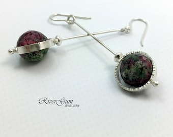 Silver Earrings, Ruby Zoisite Long Circle Earrings, Silver Circle Earrings, Handmade by RiverGum Jewellery