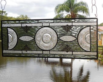Stained Glass Window Panel, Depression Glass Plate Valance, Antique Stained Glass Transom Window, Vintage Federal Glass Heritage Pattern