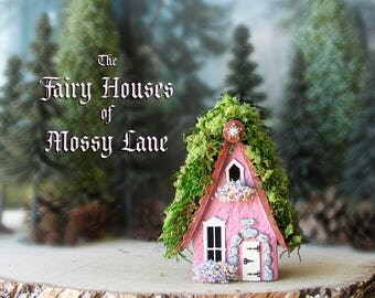 The Fairy Houses of Mossy Lane - Handcrafted Chalet Style Cottage in Raspberry Pink w/ Moss Covered Roof, Flower Boxes and Wooden Door