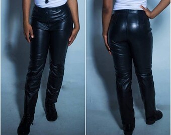 Black Leather Pants Women - High Waisted Pants - Vintage Leather - High Waisted Trousers - Leather Trousers - Vintage Trousers - 90s Pants