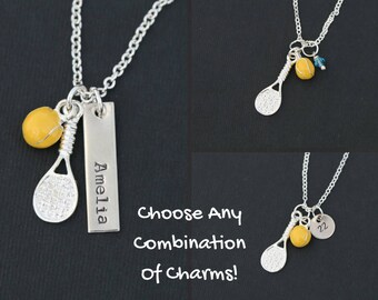 SALE • Tennis Gift Tennis Necklace • Jewelry Tennis Player • Yellow Tennis Ball Racket Tennis Team Sports Ball Yellow • Tennis Coach Sports