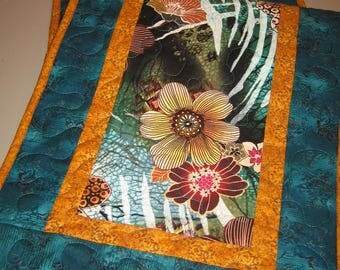 Quilted Table Runner, Abstract Contemporary Retro Flowers in Rust, Turquoise and Green, 15 x 47", Reversible