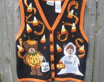 Vintage Ugly Halloween Sweater Vest ~ Teddy Bears ~ Boo ~ Tacky