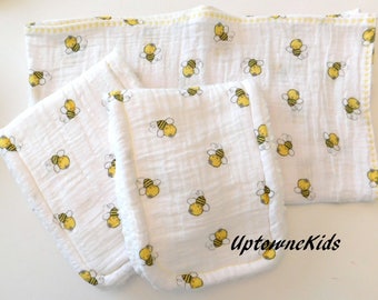 Double Gauze baby blanket wrap and two burp cloths Bumble Bee pattern