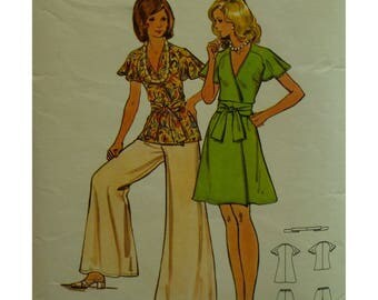 Wrap Top/Dress Pattern, Wide Leg Pants, V-neck, Raglan Sleeves, Short, Tie Sash, 1970s, Butterick No. 3157 Size 8 (Bust 31.5"80cm)