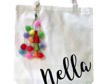 Personalized Pom Pom Tassel Tote Bag Bridesmaids Palm Springs Bachelorette Trip