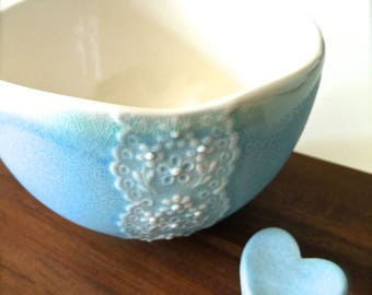 New Ceramic Lace Bowl, One of a kind, Sky Blue Porcelain Lace Bowl with Heart Cutlery Rest Set, Matcha Tea Bowl-Hideminy Lace Series
