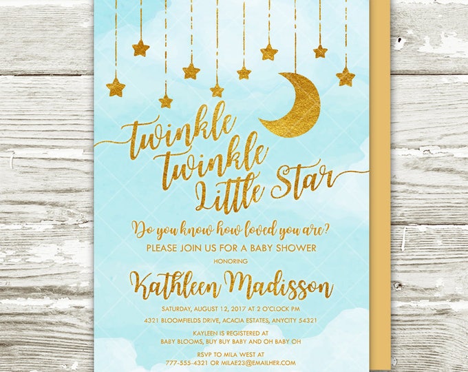 Twinkle Twinkle Little Star Baby Shower Invitation, Blue and Gold Moon and Stars Gender Neutral Baby Shower Printable Invitation