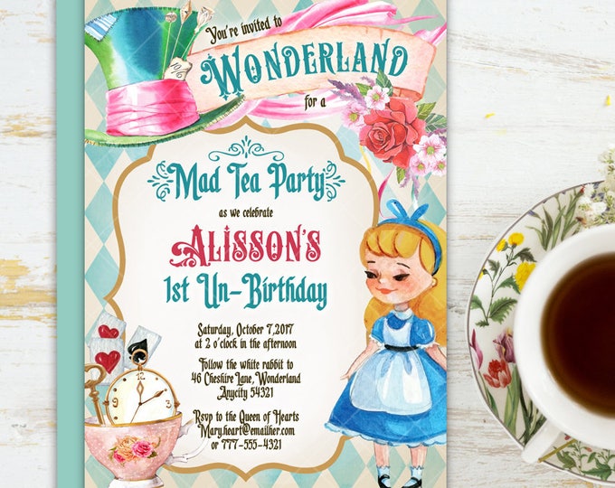 Alice in Wonderland Tea Party Birthday Invitation, One-derland Mad Hatter Tea Party Birthday Invitation Printable Invitation 6v.2