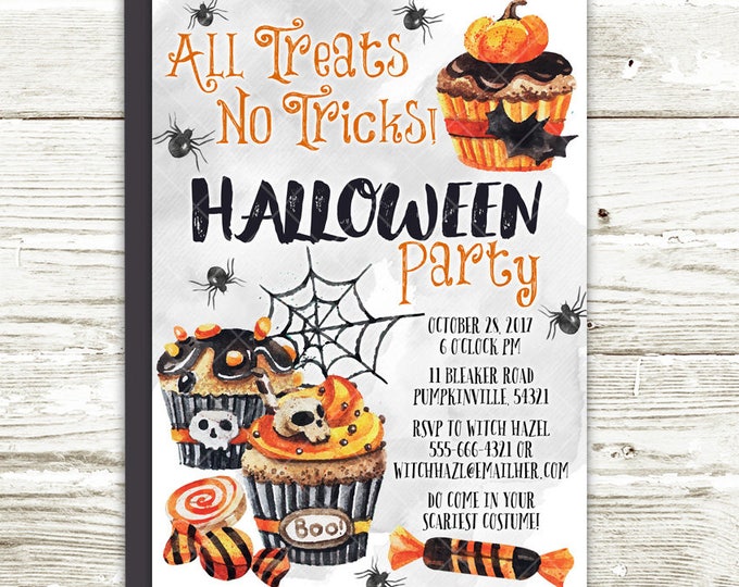 Halloween Party Invitation, All Treats No Tricks Halloweeen Party Sweets Scary Cupcakes Candies Halloween Treats Printable Invitation v.2