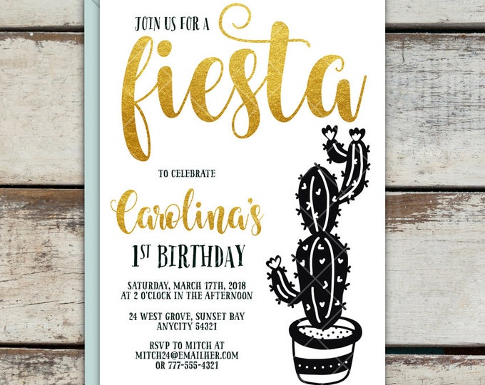 Fiesta Cactus Birthday Party Invitation, Black and White and Gold or Colored Modern Printable Invitation