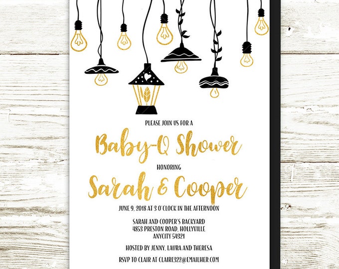 Baby-Q Shower Baby Shower Invitation, Baby Shower BBQ, Backyard Barbecue Shower Black White Gold Lantern String Light Printable Invitation