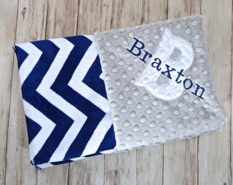 Minky Monogrammed Baby Blanket - Chevron Blanket, Gray and Navy Blue Personalized - Soft Blanket with name Newborn