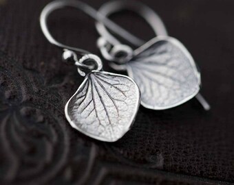 Tiny Sterling Silver Petal Earrings | Small Silver Dangle Leaf Earrings | Gift for Women | Botanical Handmade Jewelry by Burnish