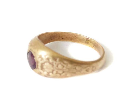 Antique Men's Ring Amethyst Stone Brass Repousse Band