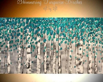 SALE Birch Trees Original Gallery Canvas Painting Landscape Palette Knife,Turquoise colors by Nicolette Vaughan Horner