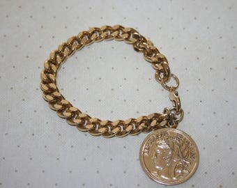 Vintage Gold Tone Charm Bracelet, Gold French Coin