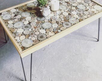 Coffee Table, Driftwood, End Grain, Living Room, Furniture, Reclaimed Wood, Unique, Handcrafted, Home Goods, Hair Pin Legs, Glass Top, Table