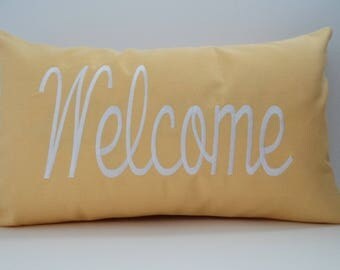 WELCOME custom embroidered yellow pillow cover Sunbrella buttercup 12" x 20" indoor outdoor decorative throw farmhouse decor Oba Canvas