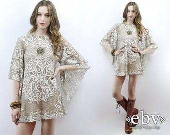 Crochet Dress Angel Sleeve Dress Hippie Dress Festival Dress Hippie Wedding Dress Lace Dress 1970s Dress 1960s Dress 70s Dress 60s Dress S